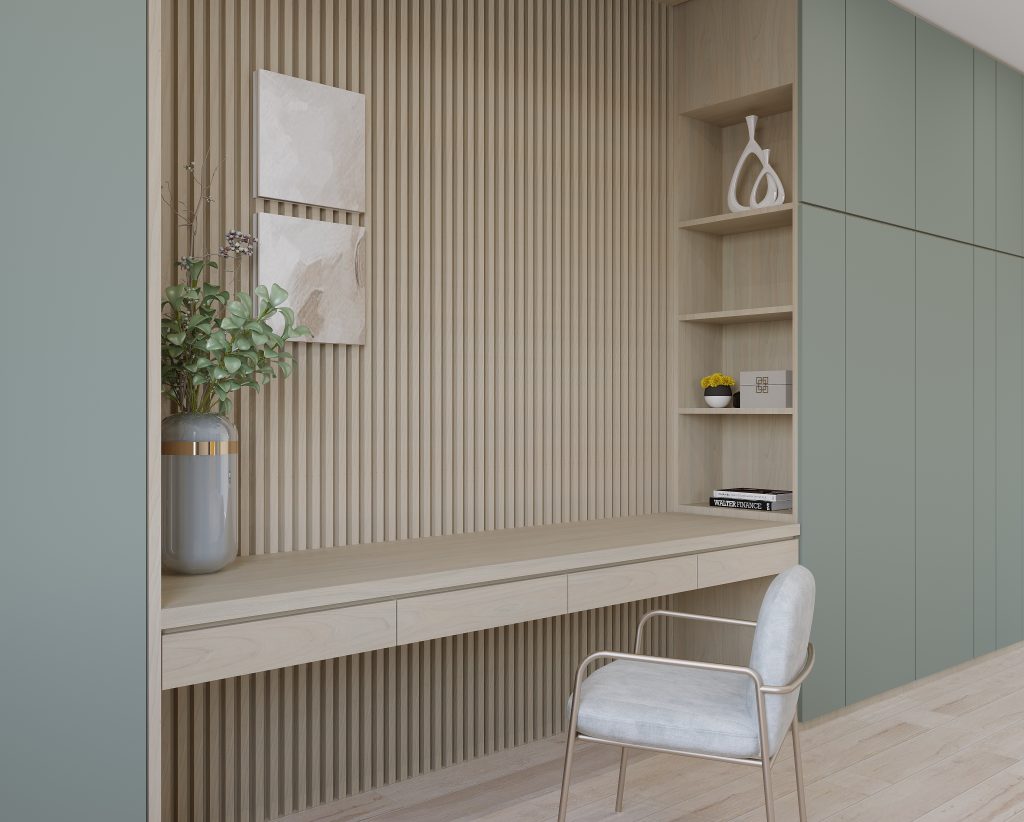 PG1499T (Wood Fluted Panels), PS203TH (Green Cabinet)