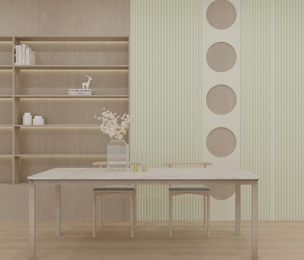 RR2855T (Green Fluted Panels) PG1535T (White Flooring, Cabinet)